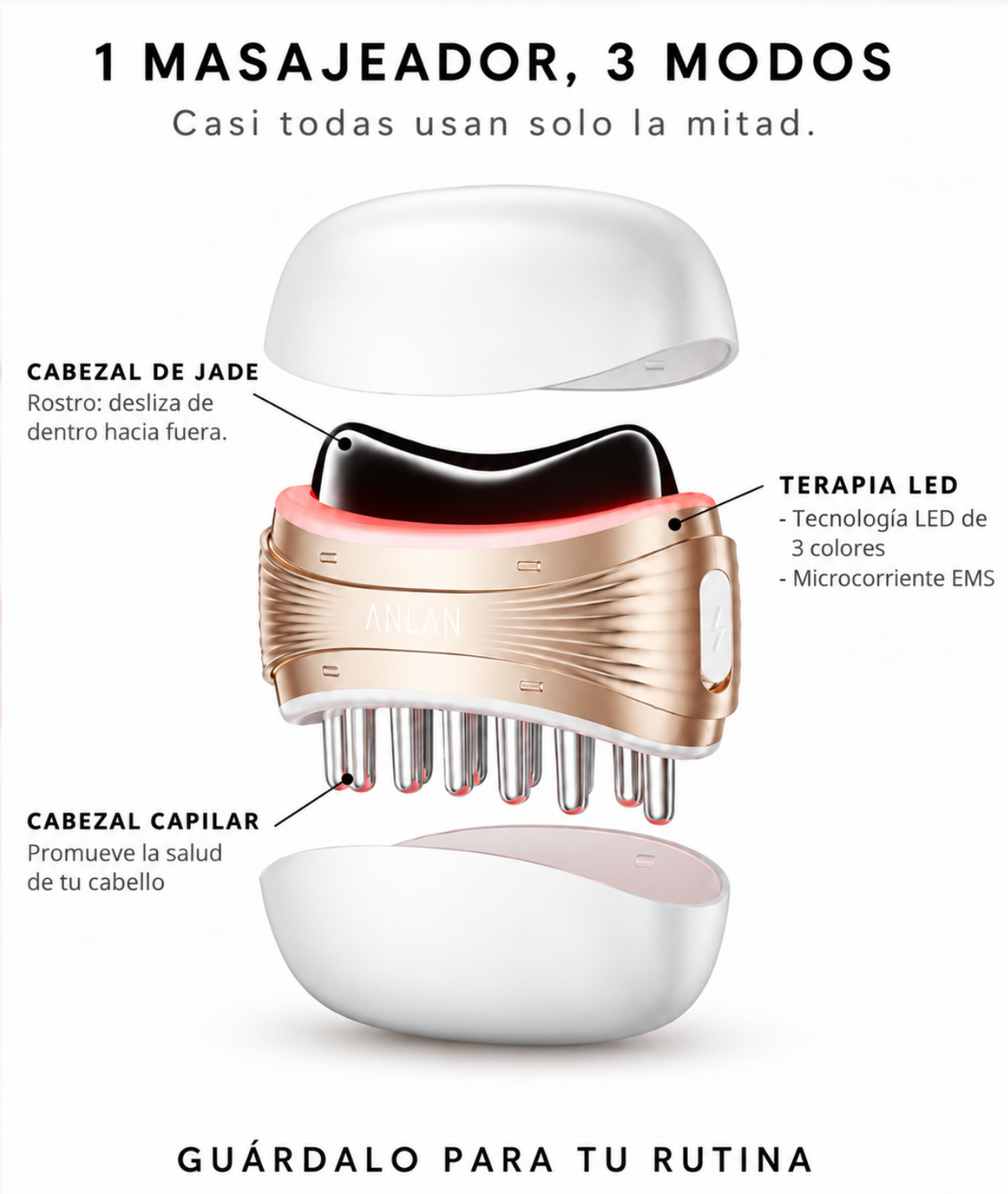 Masajeador Facial/capilar 2 en 1 Gua Sha con Jade Natural y Terapia LED