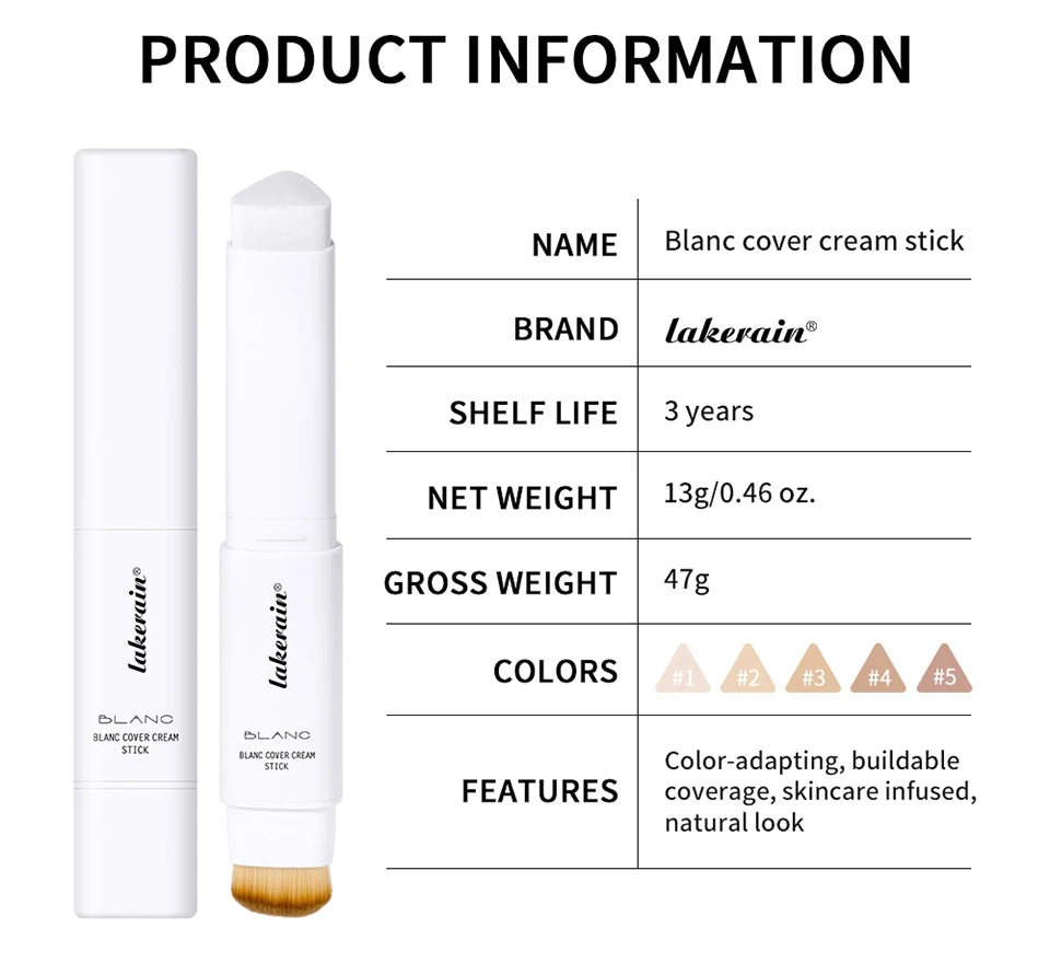 Base de maquillaje coreana en barra que cambia de color, con alta cobertura y acabado resistente al agua. Presentación de doble punta con brocha integrada.