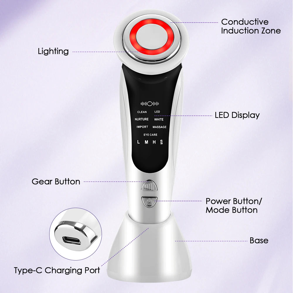 Masajeador Facial EMS 7 en 1 con Terapia LED, Vibración Inducida y Compresa Caliente – Rejuvenecimiento y Tensado de la Piel