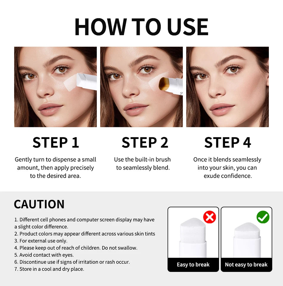 Base de maquillaje coreana en barra que cambia de color, con alta cobertura y acabado resistente al agua. Presentación de doble punta con brocha integrada.