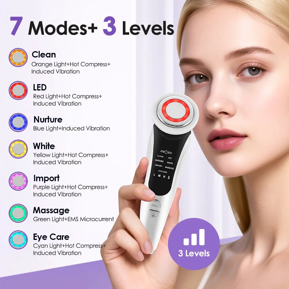 Masajeador Facial EMS 7 en 1 con Terapia LED, Vibración Inducida y Compresa Caliente – Rejuvenecimiento y Tensado de la Piel